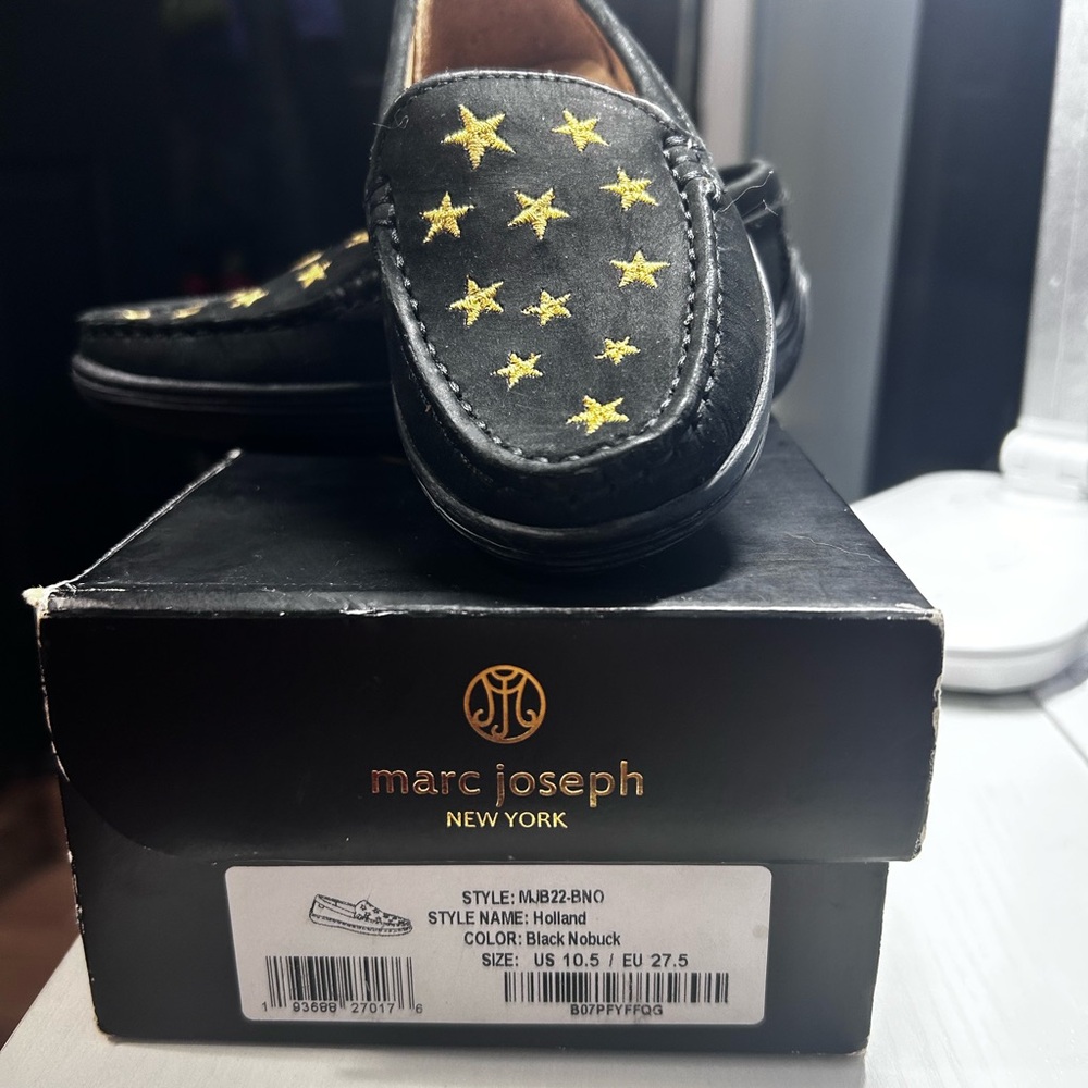 Marc Joseph Black Nubuck Loafers with Yellow Stars